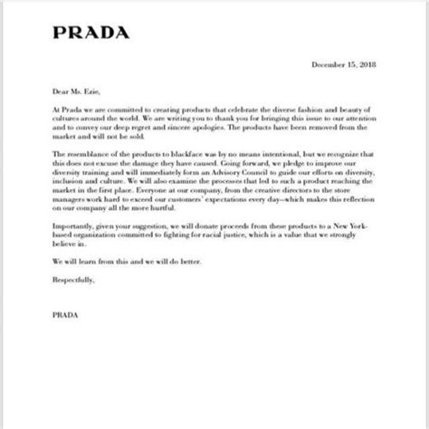 prada apology letter|Prada products criticism.